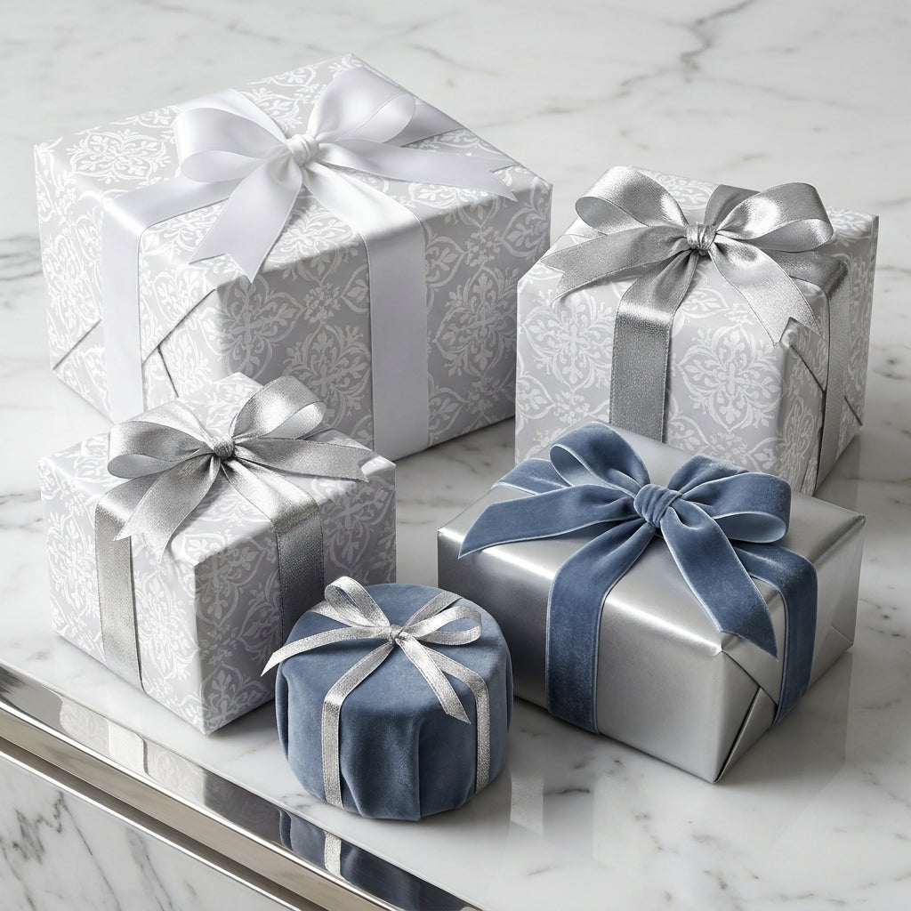 Elegant silver luxury gift wrap with damask patterns and blue velvet ribbons, by Wrapped Studios.