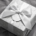 Elegant silver damask wrapping paper with white satin bow and 'For You' gift tag by Wrapped Studios.