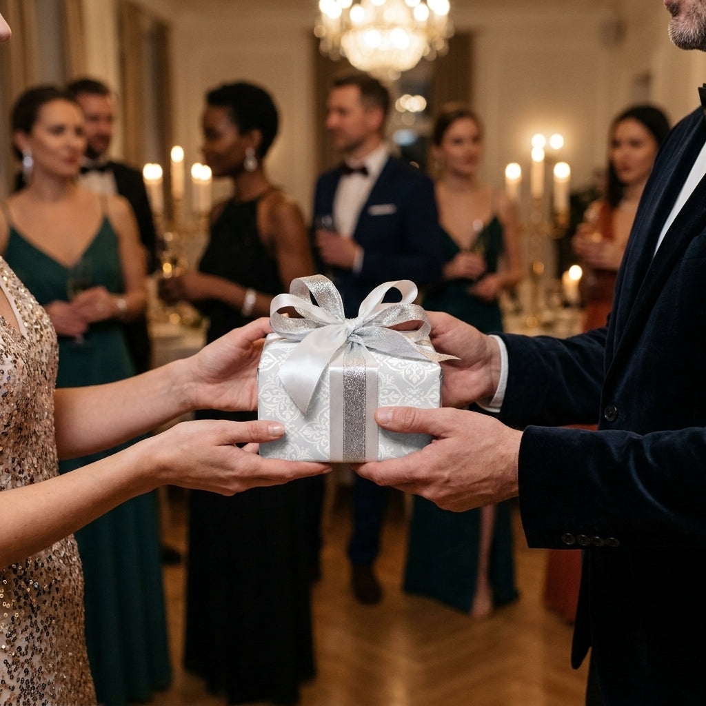 Luxury silver gift wrap by Wrapped Studios on a present being exchanged at an elegant holiday party.