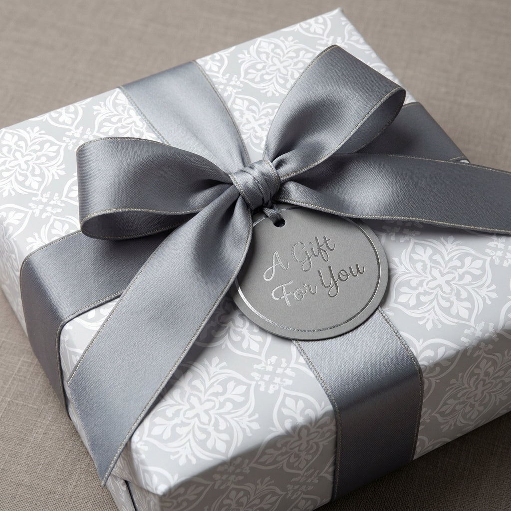 Elegant silver damask wrapping paper with a grey satin bow on a wedding gift box by Wrapped Studios.
