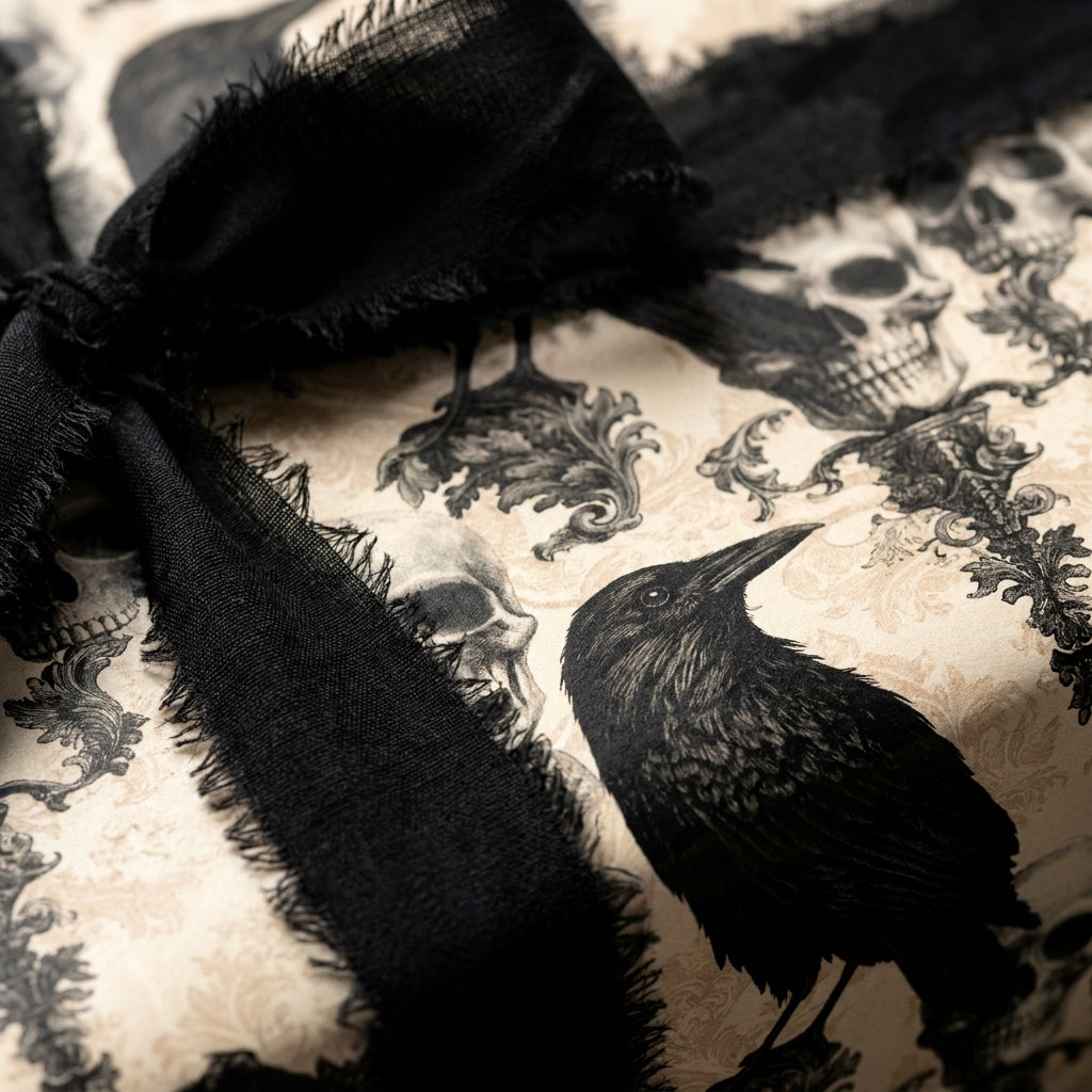 Gothic Halloween wrapping paper with skulls, crows, and a frayed black ribbon by Wrapped Studios.