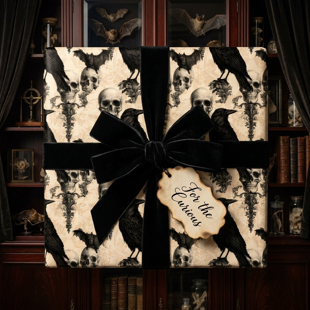 Gothic skull and raven wrapping paper with a black velvet bow. Halloween gift wrap by Wrapped Studios.