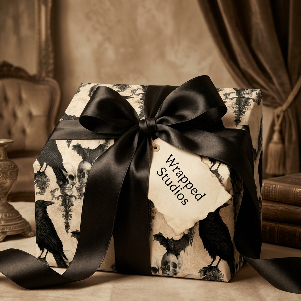 Gothic wrapping paper with skulls and ravens, tied with a luxury black satin bow by Wrapped Studios.