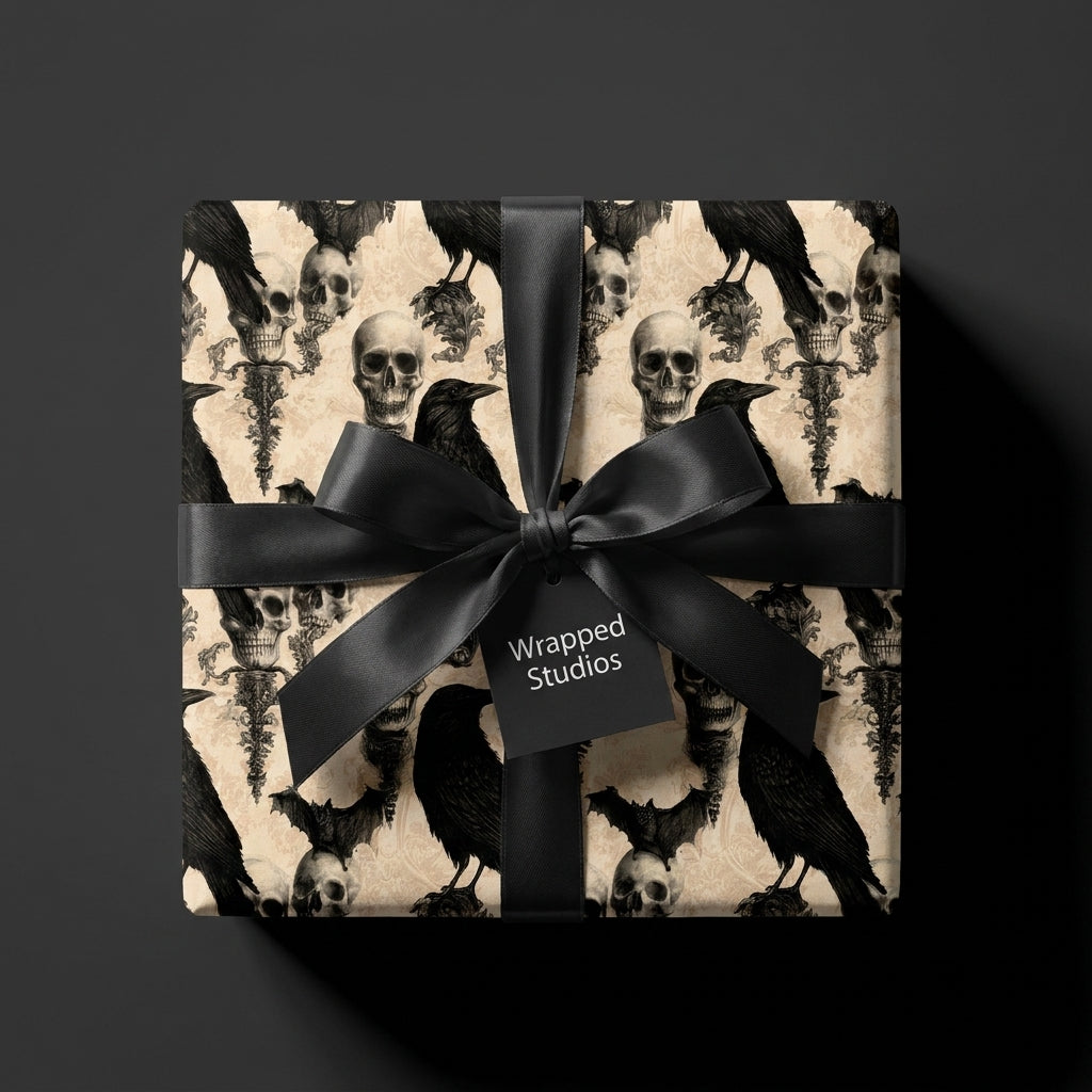Vintage gothic wrapping paper with skulls and crows, tied with a black bow by Wrapped Studios.