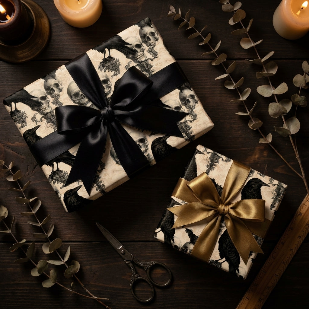 Gothic skull and crow wrapping paper with elegant black and gold bows by Wrapped Studios.