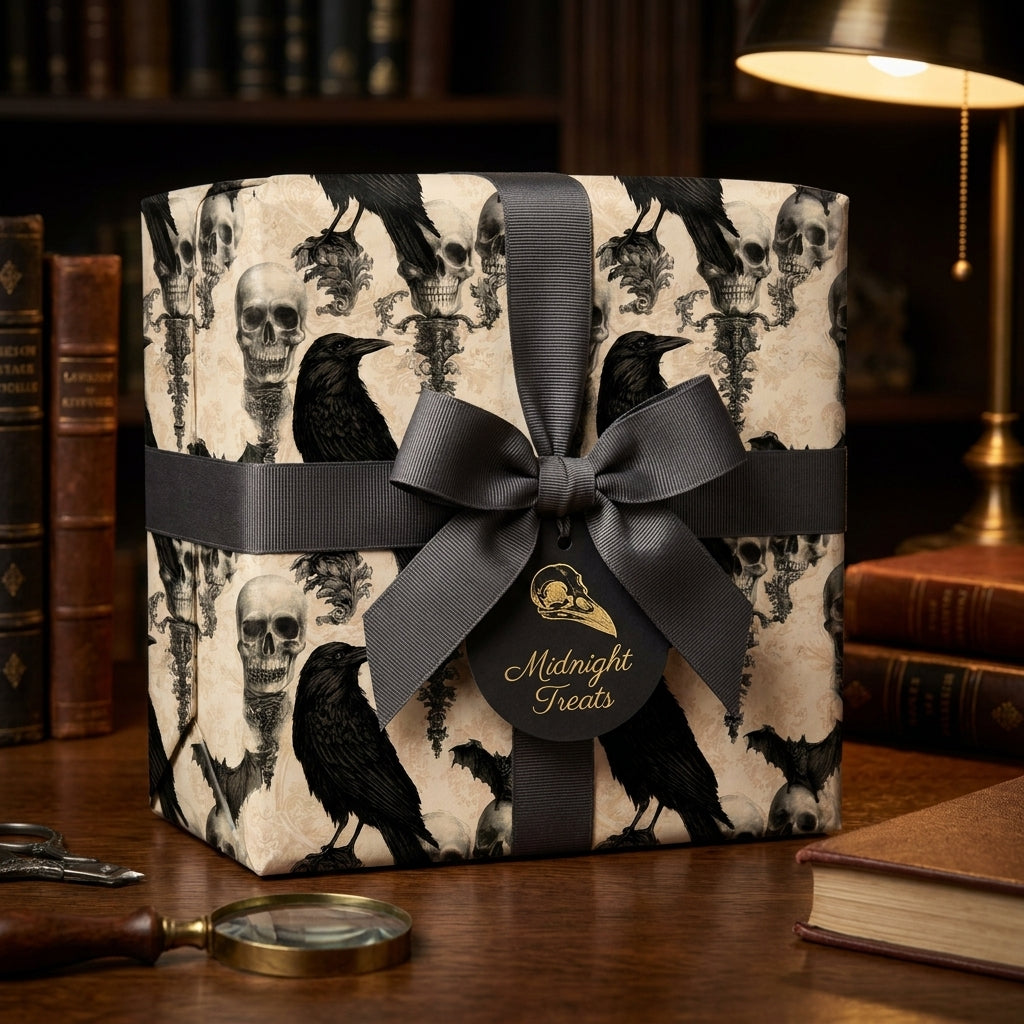 Gothic skull and raven Halloween wrapping paper with a black bow on a gift box, by Wrapped Studios.