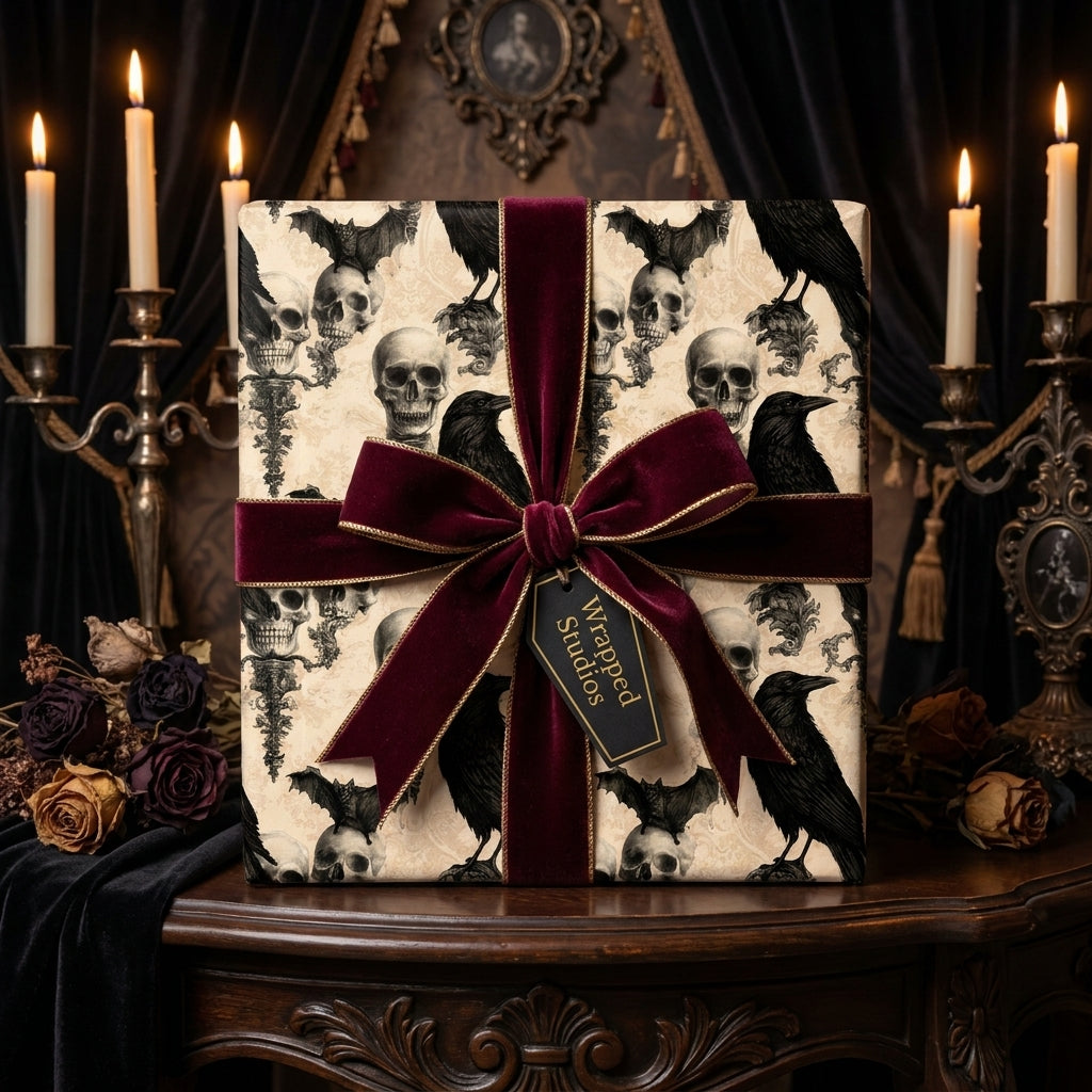 Gothic skull and raven wrapping paper with a burgundy velvet bow, luxury Halloween gift wrap by Wrapped Studios.