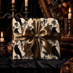Gothic Halloween wrapping paper with skulls and ravens, tied with a bronze bow by Wrapped Studios.