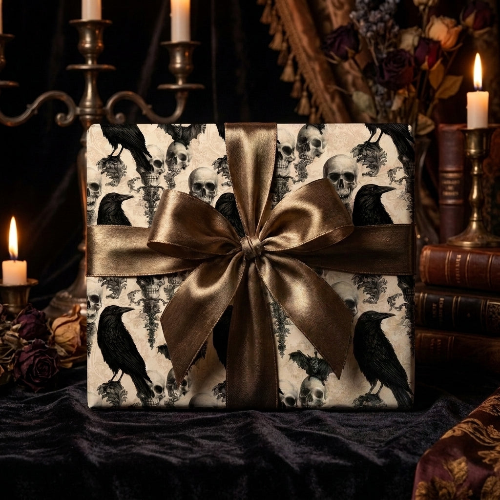 Gothic Halloween wrapping paper with skulls and ravens, tied with a bronze bow by Wrapped Studios.