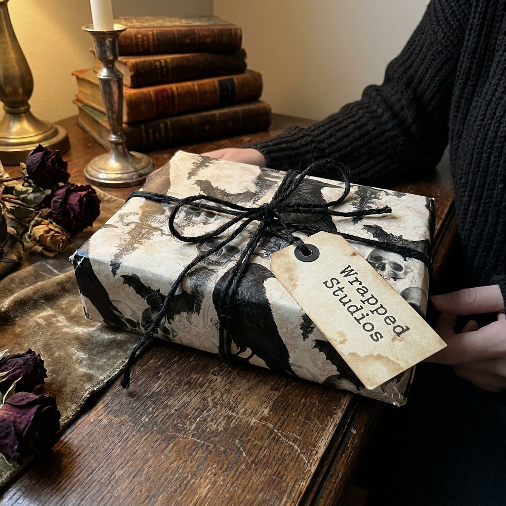 Goth wrapping paper with skulls and crows by Wrapped Studios, tied with black twine in a moody setting.