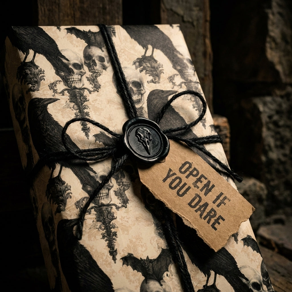 Gothic Halloween wrapping paper with skulls and ravens, black wax seal, and gift tag by Wrapped Studios.