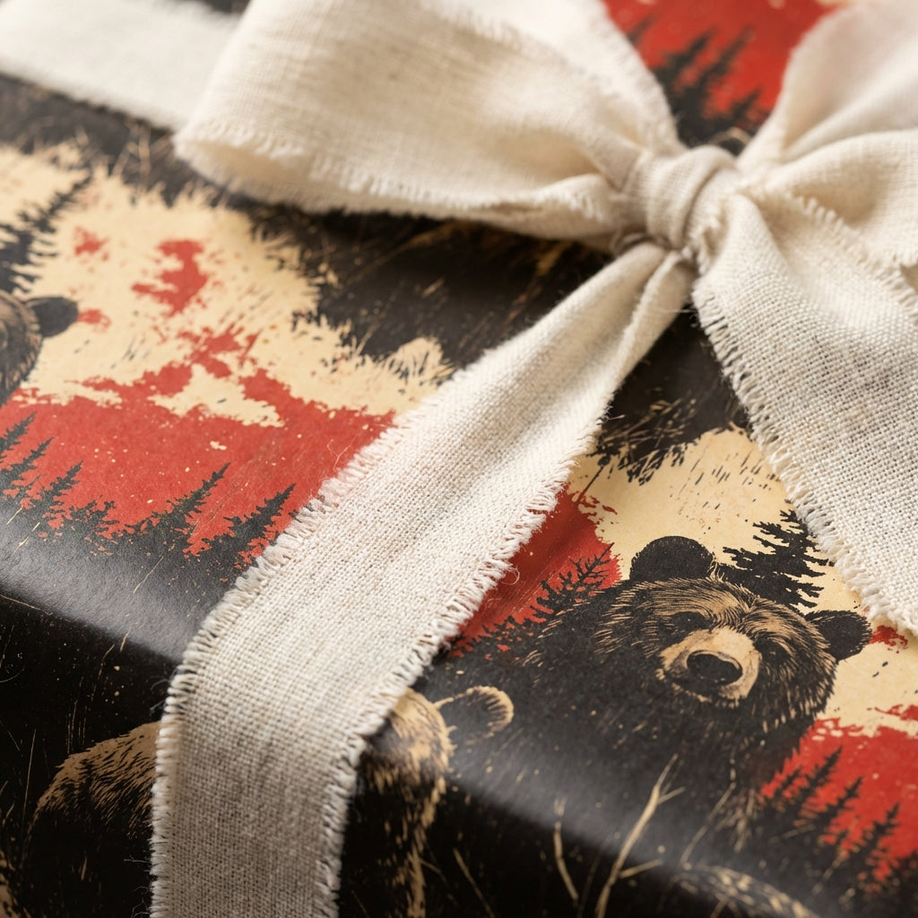 Rustic woodland wrapping paper featuring bears and trees, tied with a natural linen ribbon bow.