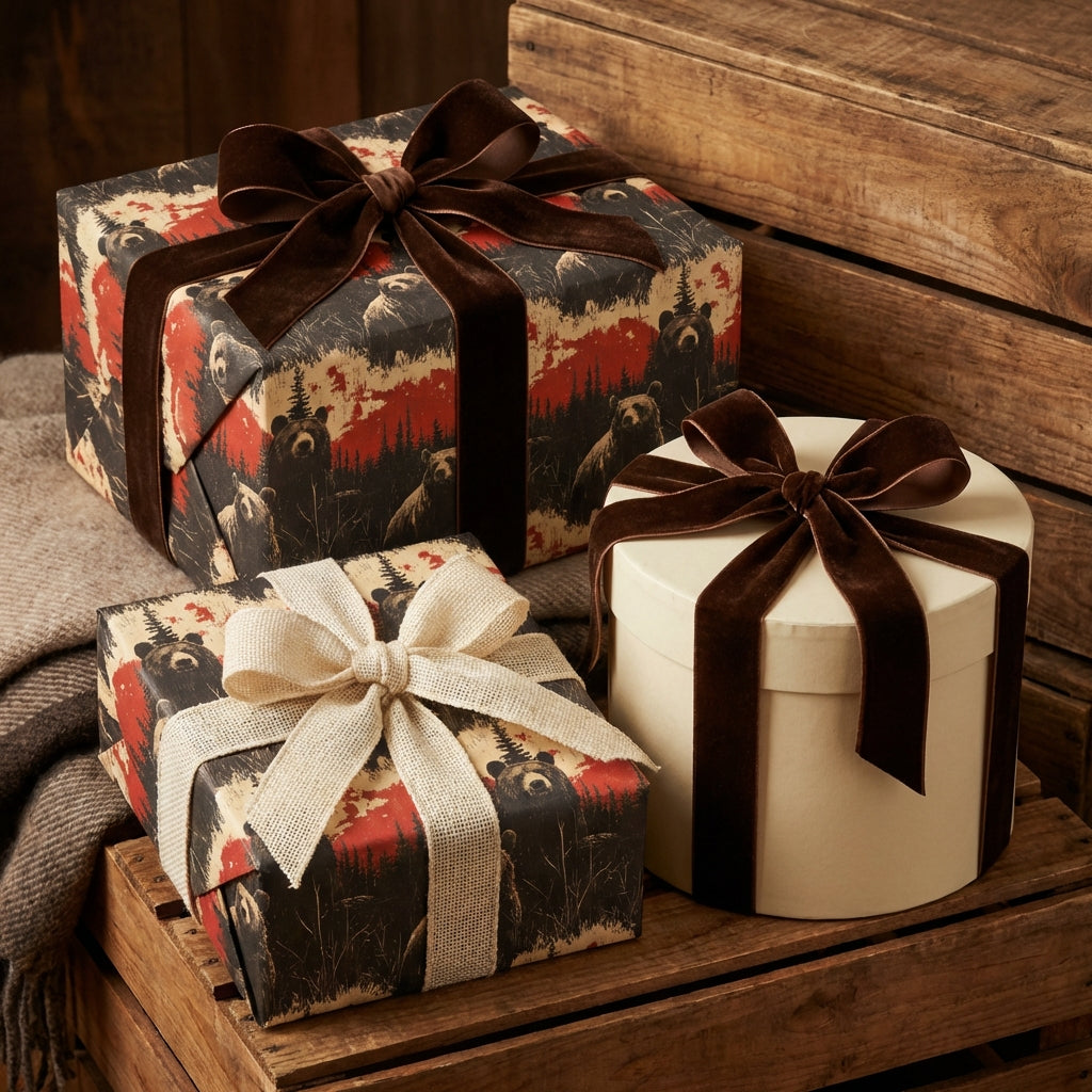 Rustic "bear in forest" gift wrap on boxes with velvet and burlap ribbon. Perfect for Christmas or outdoorsy birthday gifts.