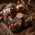 Rustic "Wilderness Awaits" gift wrapped in bear print paper with a brown velvet ribbon.