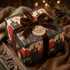 Rustic "Wilderness Awaits" gift wrapped in bear print paper with a brown velvet ribbon.