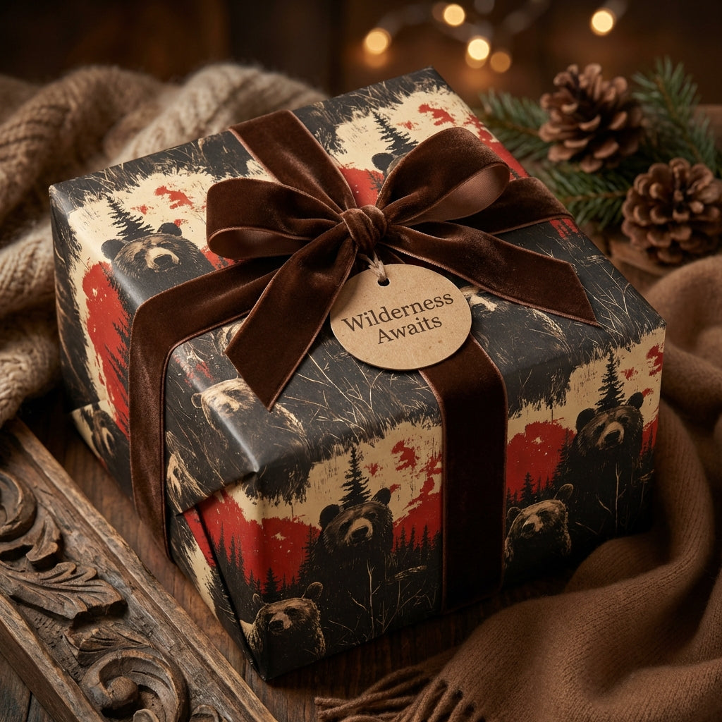 Rustic "Wilderness Awaits" gift wrapped in bear print paper with a brown velvet ribbon.