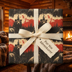 Rustic bear pattern gift wrap with cream ribbon, “For the Adventurer” tag. Wrapped Studios.