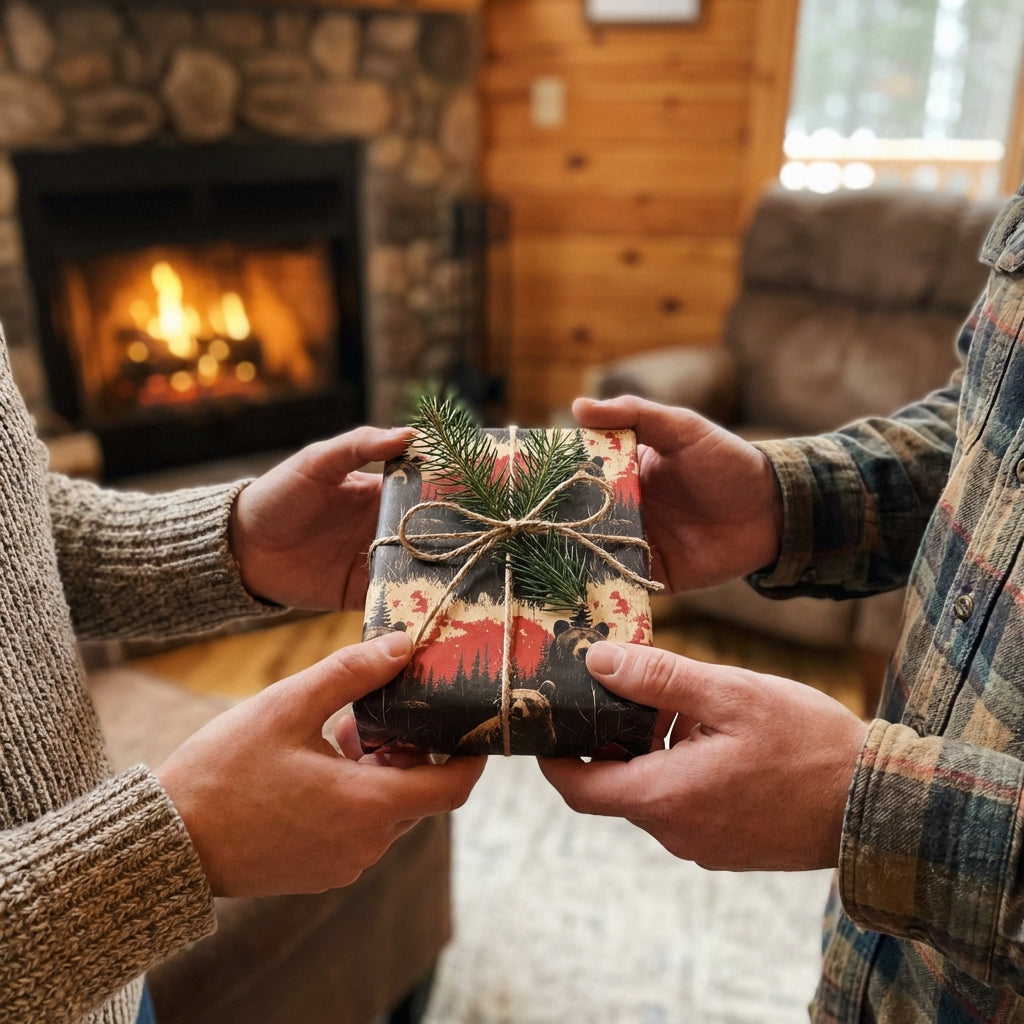 Rustic Christmas gift exchange with bear-themed wrapping paper and twine, presented near a cozy fireplace.
