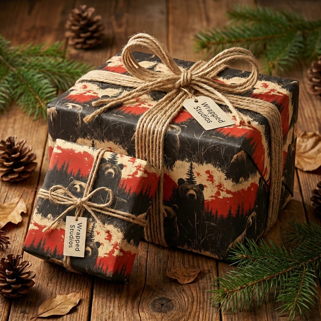 Wrapped Studios bear pattern gift wrap. Rustic Christmas presents with twine bows on wood with pinecones.