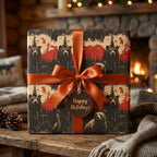 Rustic Christmas gift wrap featuring bears, pine trees, and a copper ribbon. "Happy Holidays" tag.