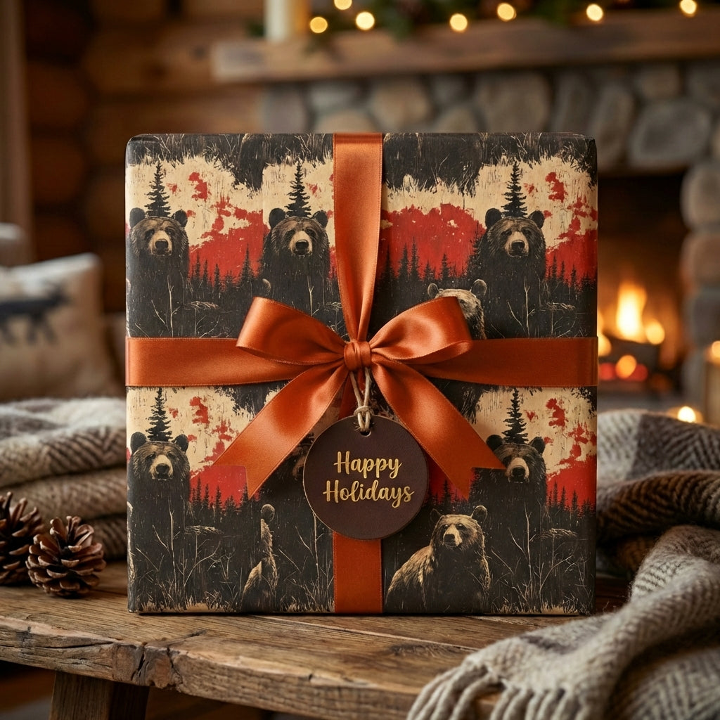 Rustic Christmas gift wrap featuring bears, pine trees, and a copper ribbon. "Happy Holidays" tag.