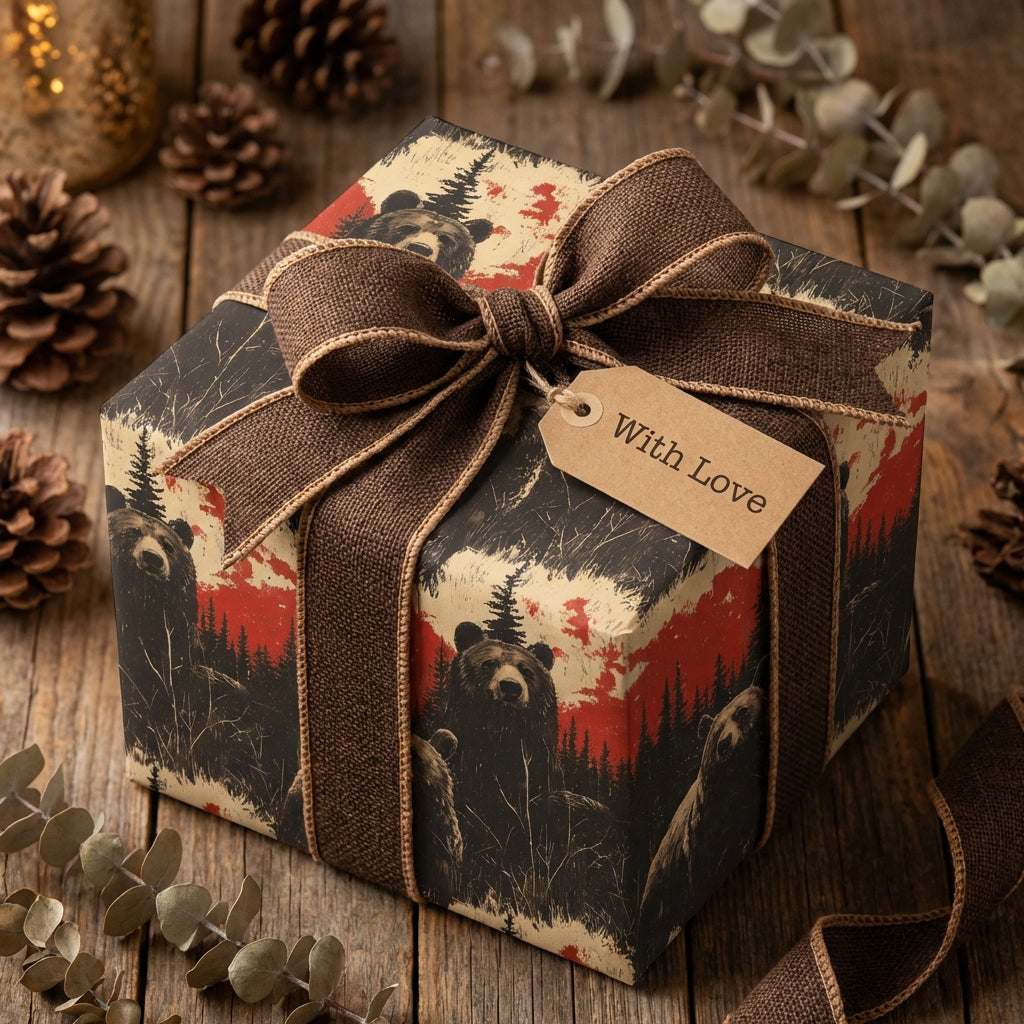 Rustic gift box in bear wrapping paper with brown ribbon and "With Love" tag for nature lovers.