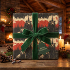 Rustic Christmas wrapping paper featuring bears, forest trees, and a green velvet ribbon.