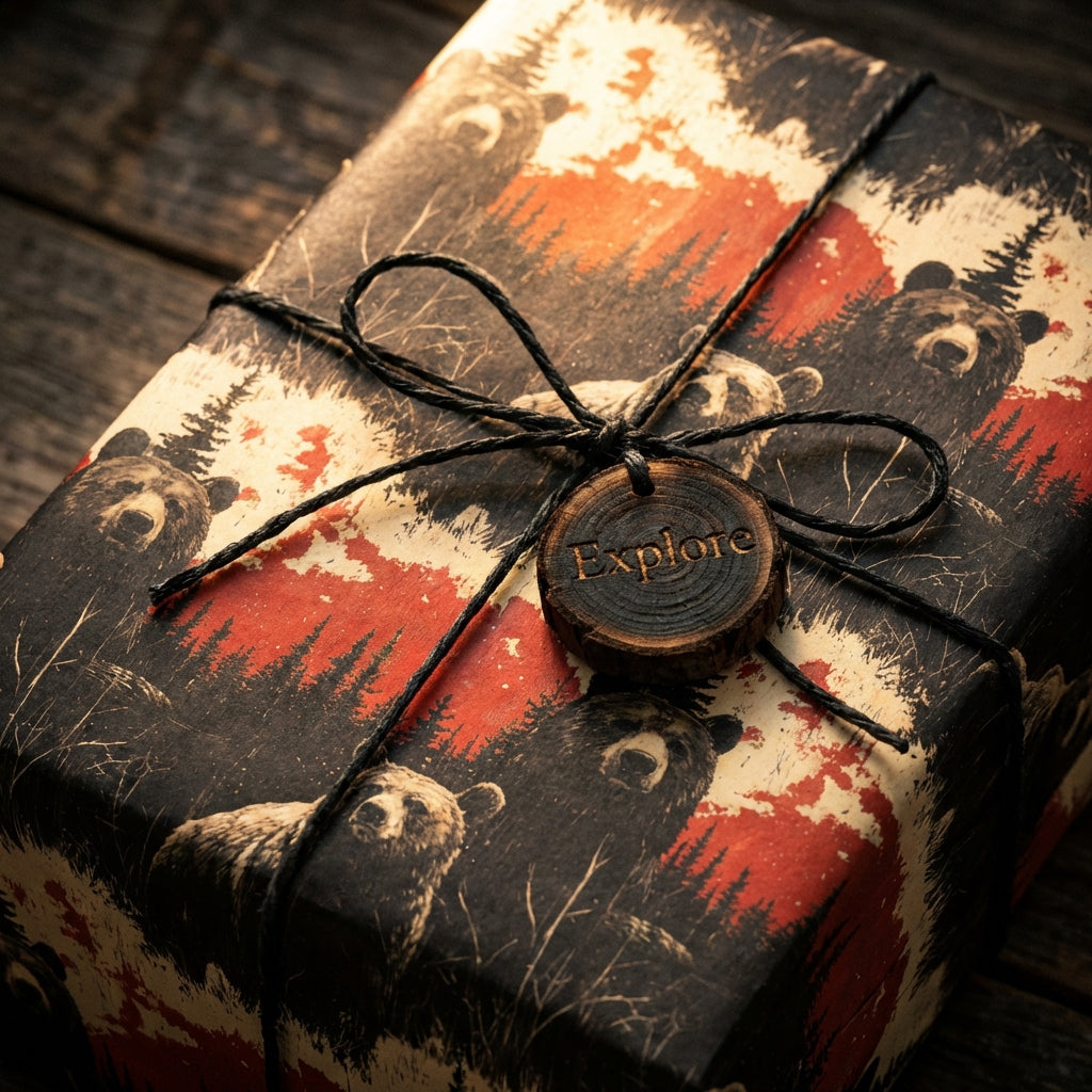 Rustic woodland gift wrap with bear and forest print, tied with twine and "Explore" wooden tag.