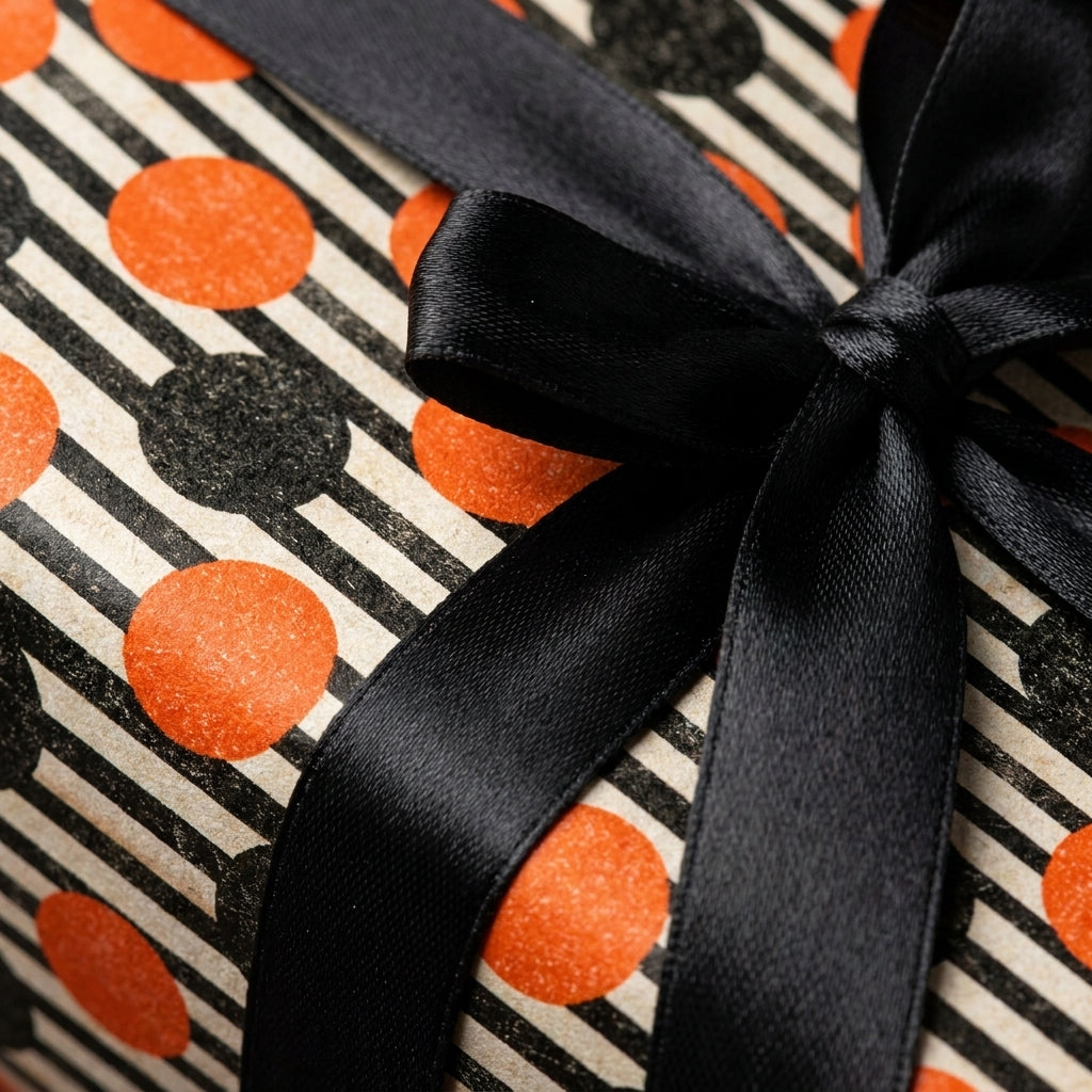 Orange and black Halloween wrapping paper with stripes and polka dots, tied with a satin bow by Wrapped Studios.