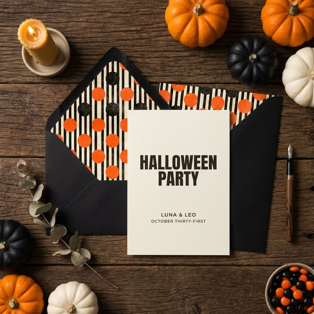 Halloween party invitation with orange polka dot envelope liner on rustic wood by Wrapped Studios.