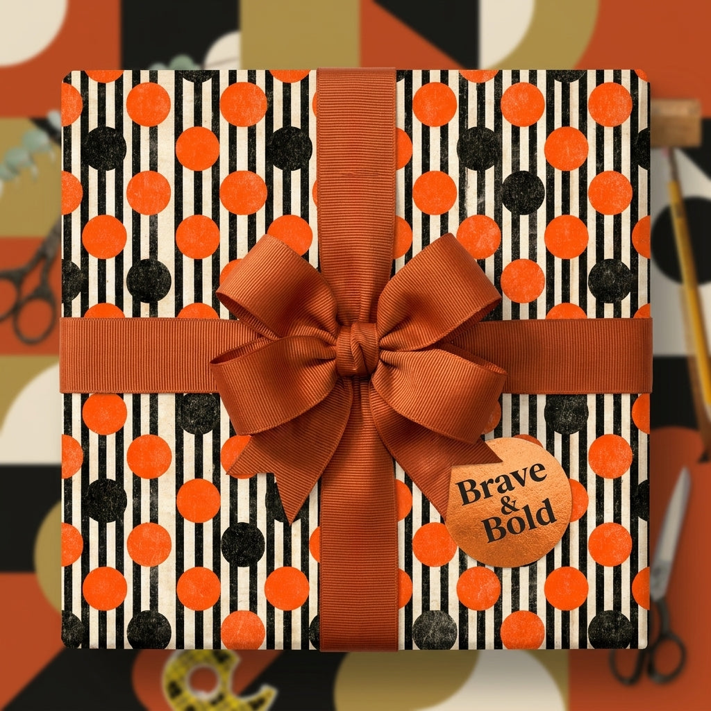 Retro orange and black striped polka dot wrapping paper with a rust bow by Wrapped Studios.