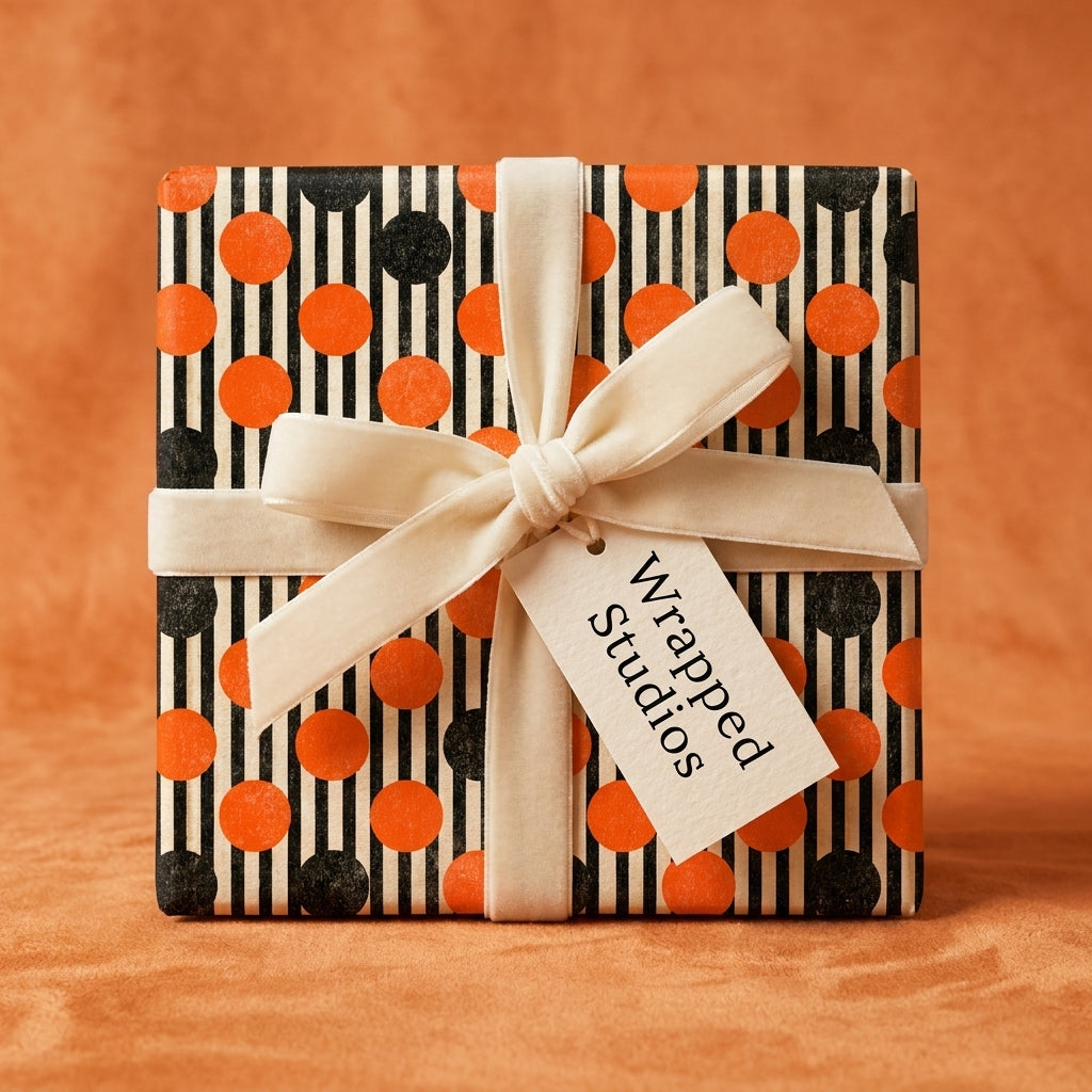 Retro Halloween wrapping paper with orange and black polka dots and velvet ribbon by Wrapped Studios.