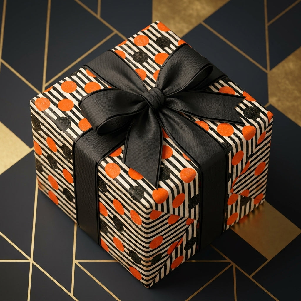 Orange polka dot and striped Halloween wrapping paper on a gift box with a black bow by Wrapped Studios.