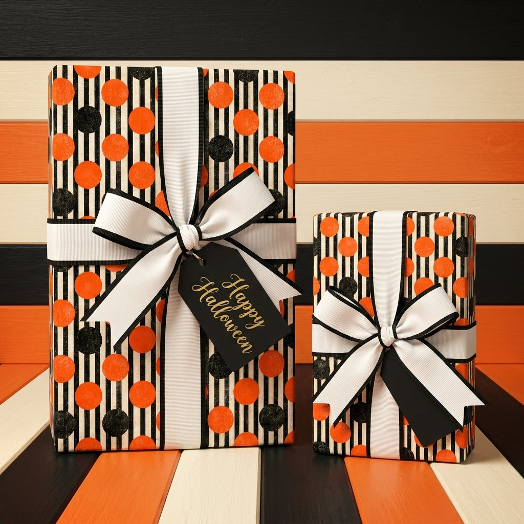 Halloween wrapping paper with orange polka dots and stripes on gifts with white bows by Wrapped Studios.
