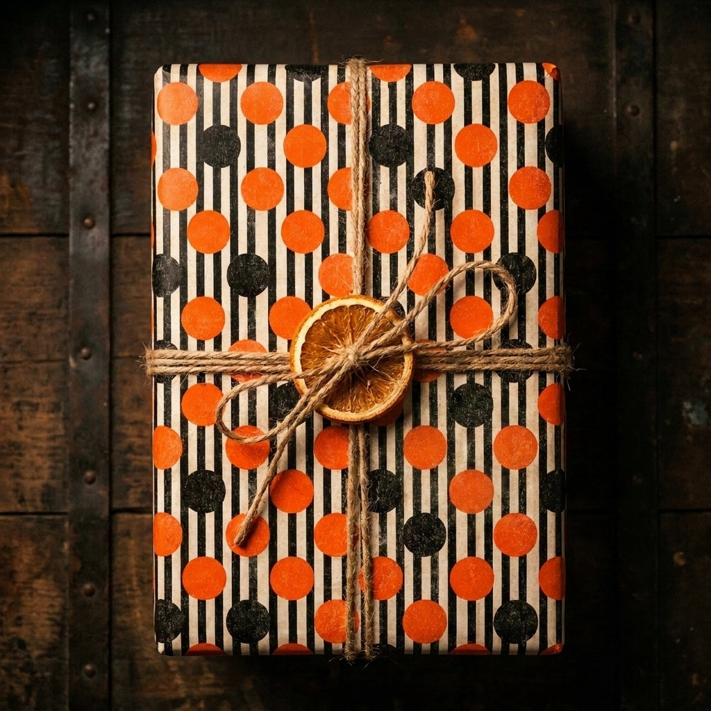 Orange and black retro Halloween wrapping paper with rustic twine and dried orange, by Wrapped Studios.