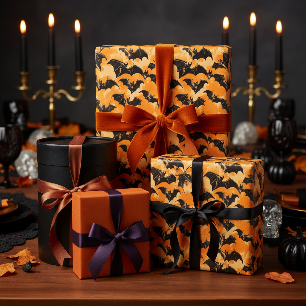 Halloween presents with bat pattern gift wrap, velvet ribbons, and spooky decor.