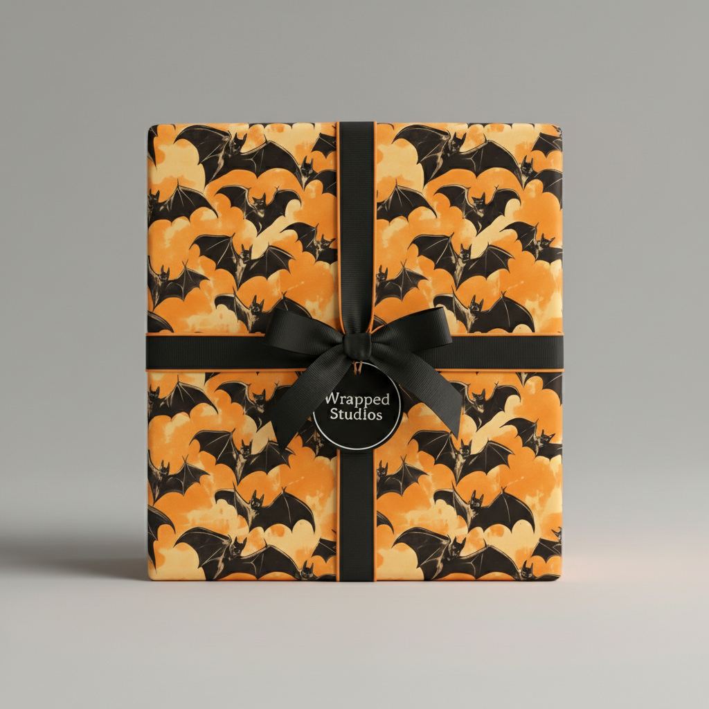 Gift box wrapped in Halloween gift wrap with a black bat pattern and ribbon bow.