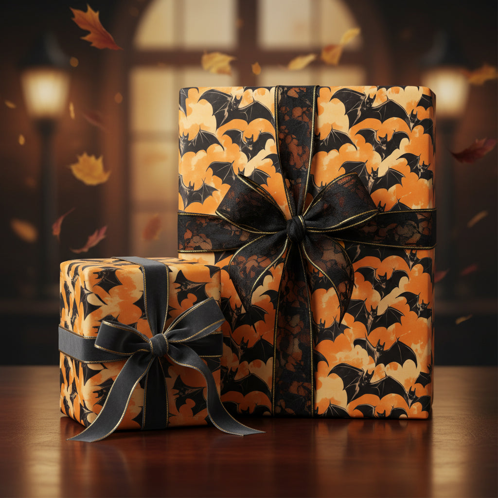 Two gifts wrapped in black bat and orange Halloween wrapping paper with black ribbon bows.