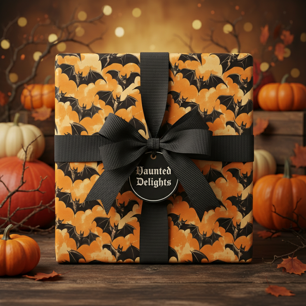 Halloween gift with black bat pattern wrapping paper, tied with a black ribbon bow.