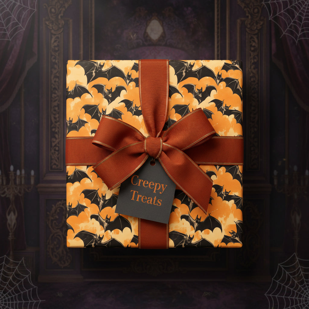 Spooky Halloween gift with bat print wrapping paper, rust ribbon, and "Creepy Treats" tag.