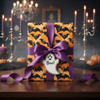 Stylish Halloween gift wrap with bats and moons, tied with a purple ribbon and "Boo!" tag.