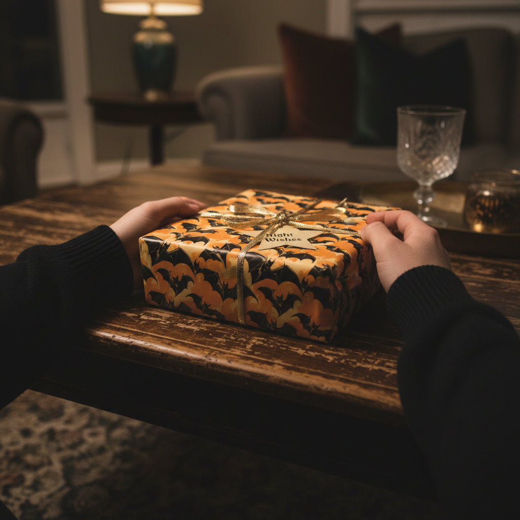 Hands holding a Halloween gift wrapped in black and orange bat wrapping paper with gold ribbon.