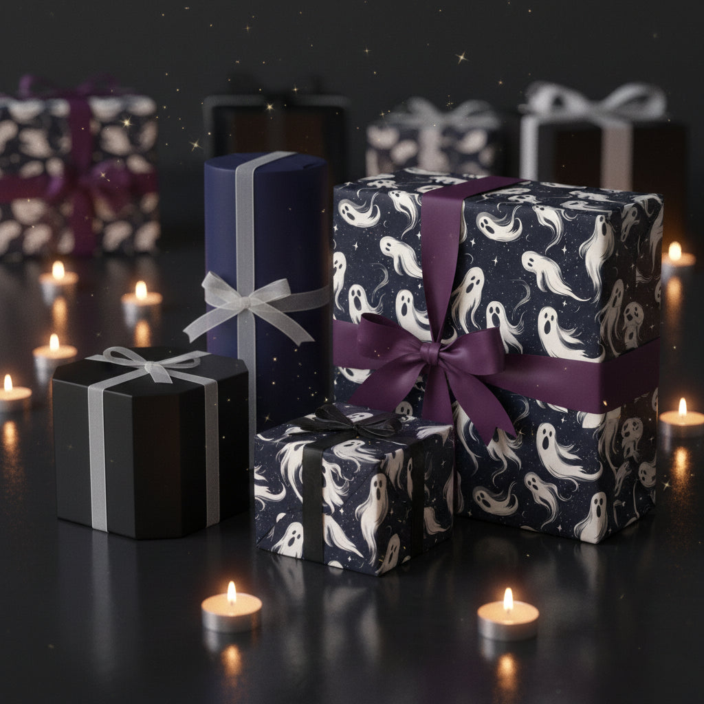 Elegant Halloween gift wrap with ghost pattern and dark purple ribbon, arranged with candles for spooky season gifting.
