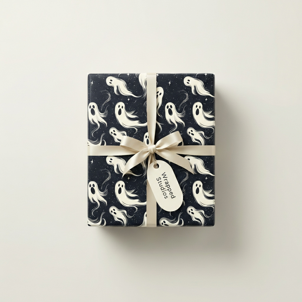 Spooky Halloween gift wrapped in ghost-patterned wrapping paper with a cream ribbon and tag.