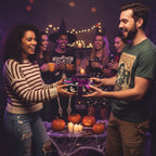 At a Halloween party, a person exchanges a gift wrapped in ghost patterned wrapping paper with a purple bow.