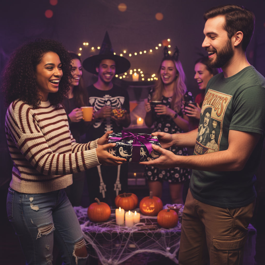 At a Halloween party, a person exchanges a gift wrapped in ghost patterned wrapping paper with a purple bow.