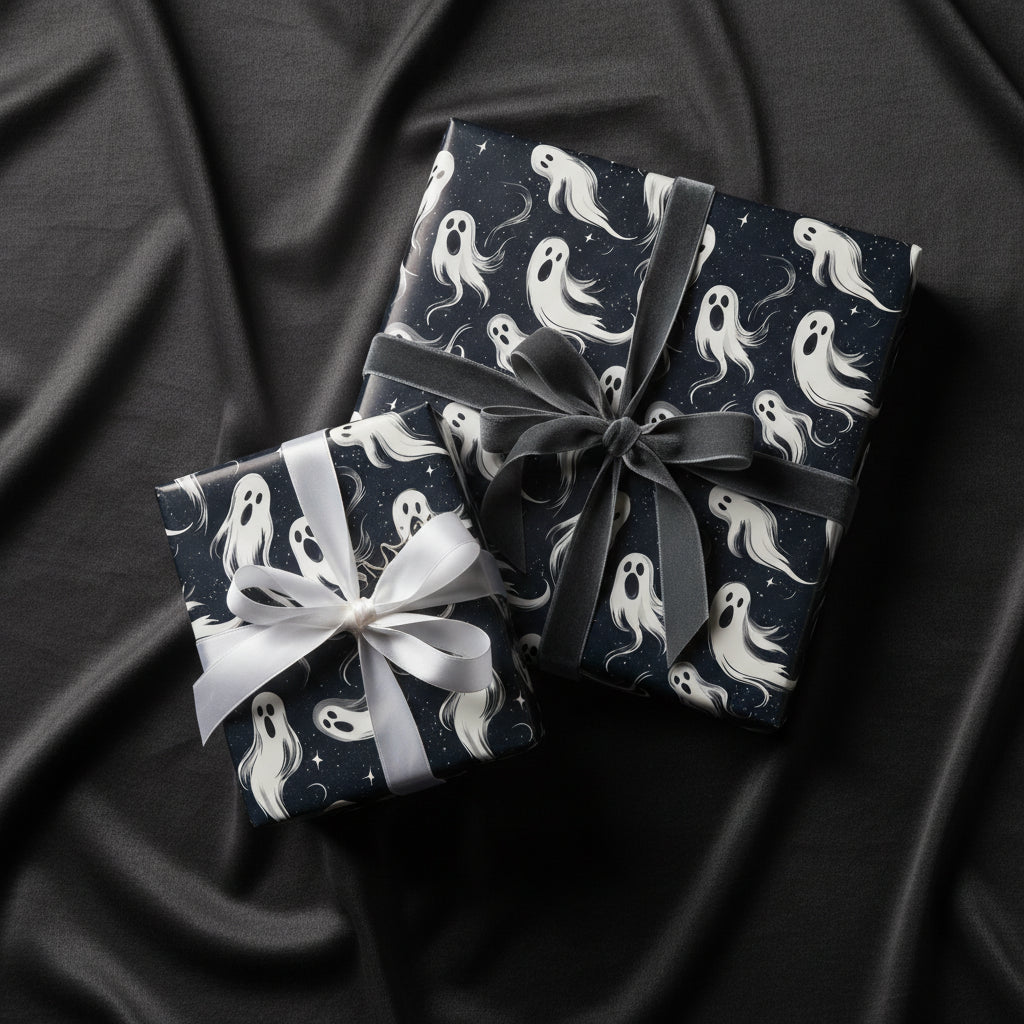 Two gifts wrapped in spooky ghost Halloween wrapping paper with ribbon bows.
