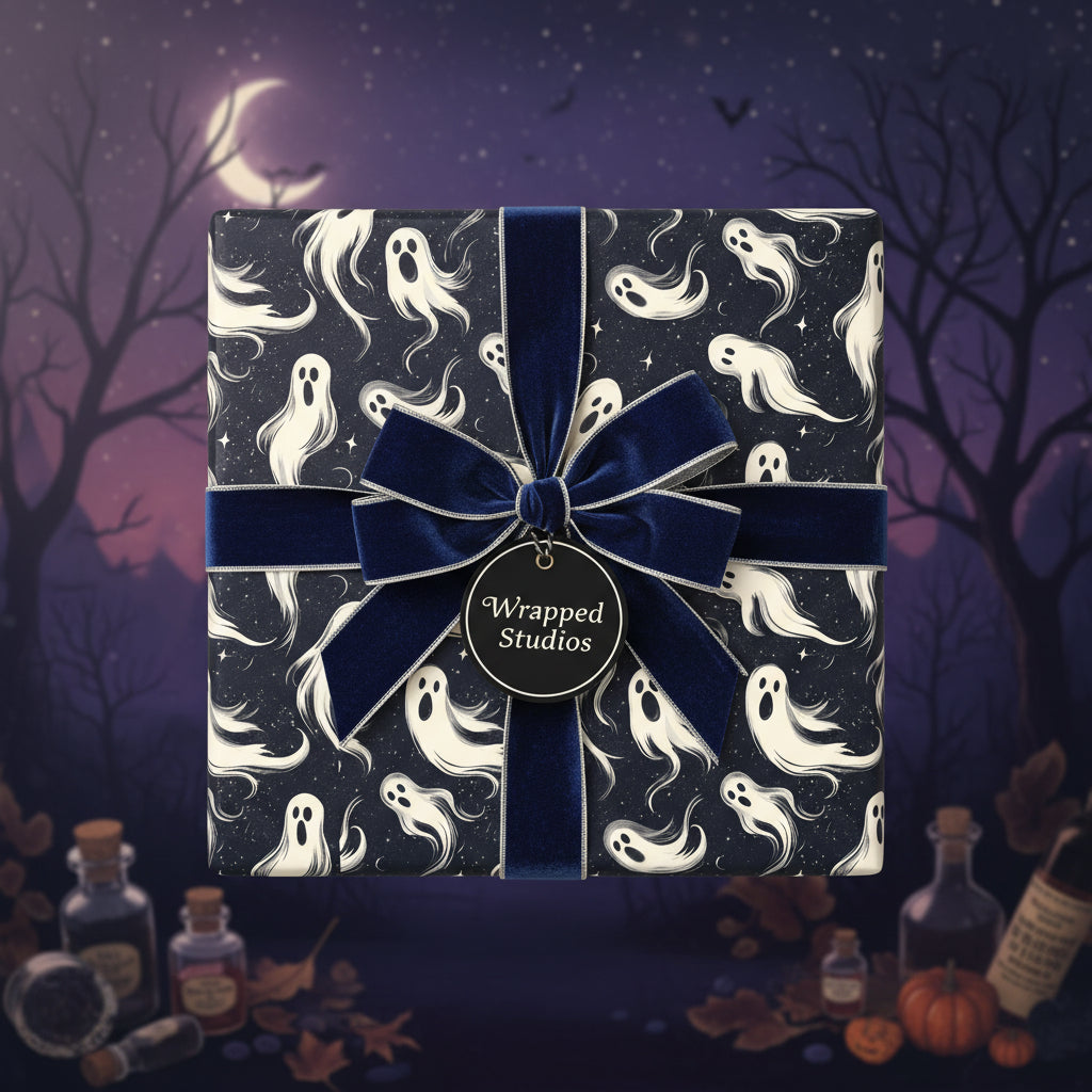 Ghost-patterned Halloween wrapping paper with a dark blue velvet ribbon and bow.
