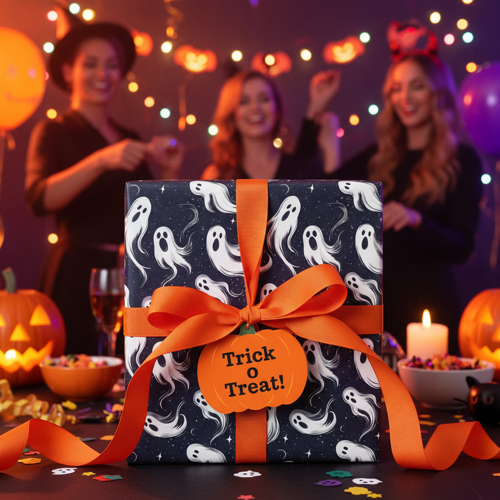 Halloween gift wrap with ghost pattern, tied with orange ribbon, for spooky trick-or-treat surprises.