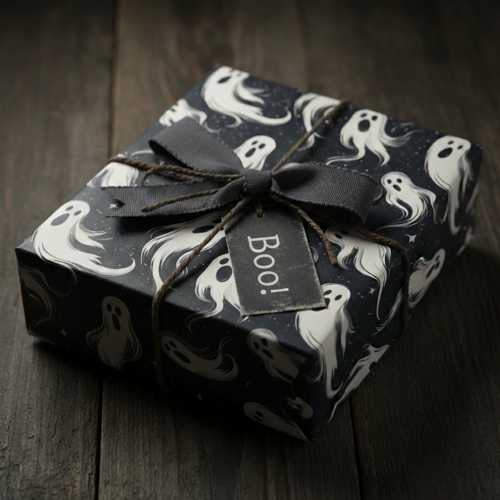 Spooky Halloween gift wrapped in ghost-patterned wrapping paper, with a grey ribbon bow and "Boo!" tag, on dark wood.
